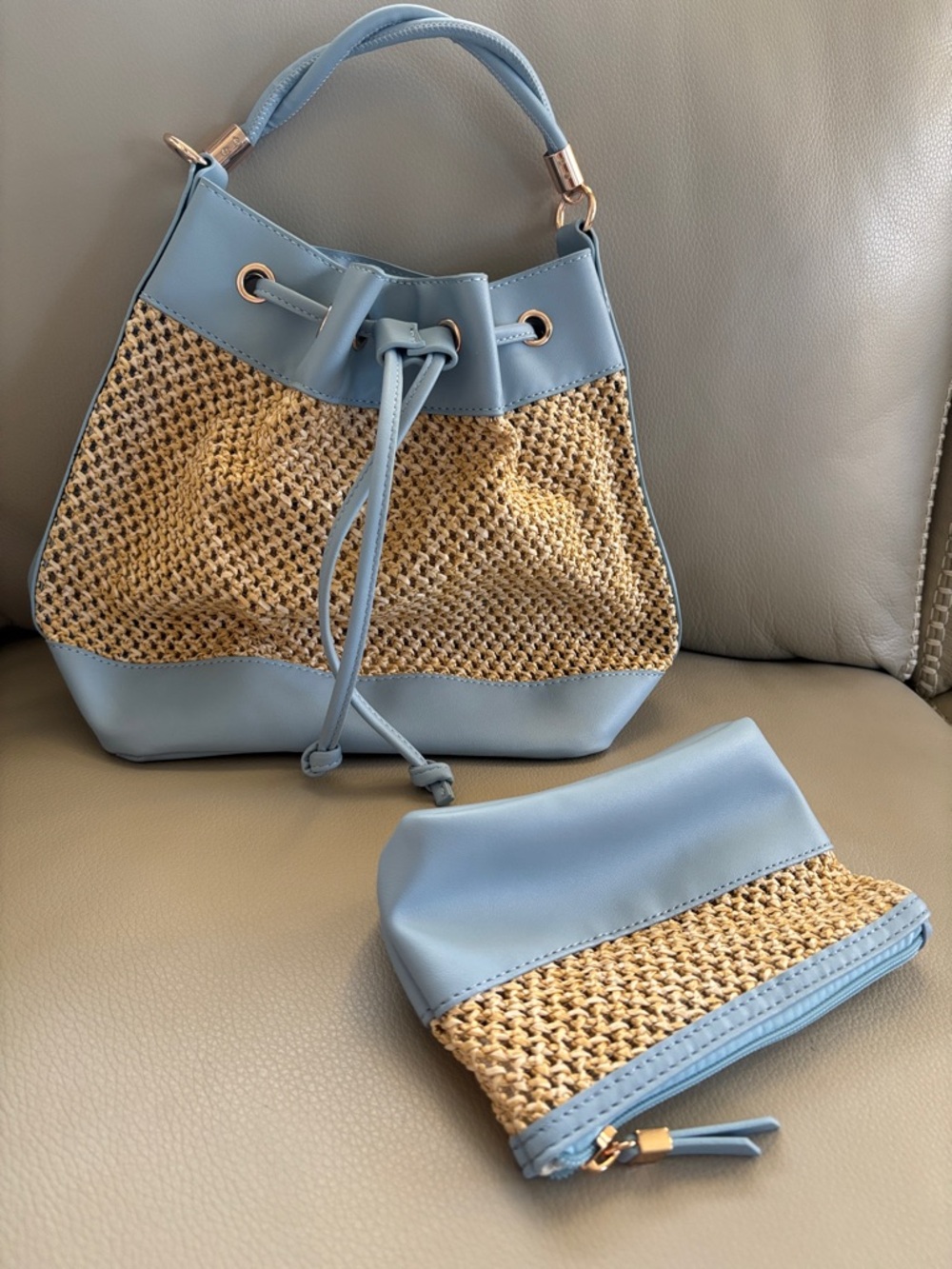Light Blue & Natural Straw Drawstring Bucket Bag with Pouch